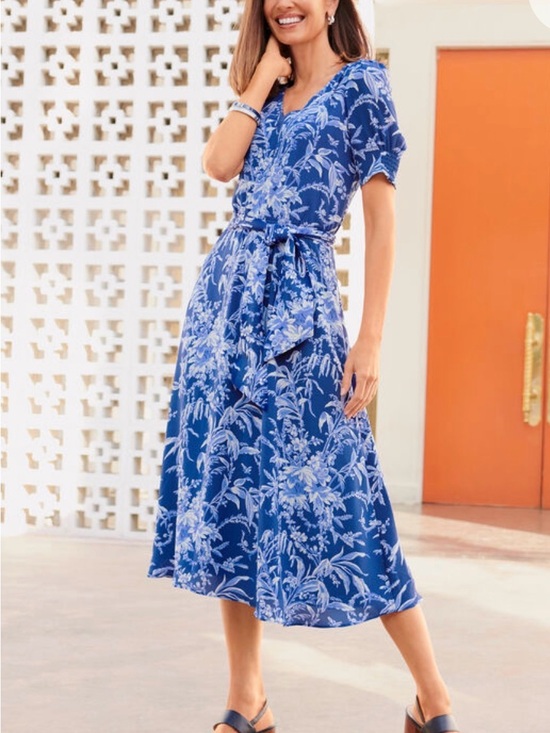 Talbots Dresses & Skirts - NEW TALBOTS BELTED FIT & FLARE BLUE FLORAL SHORT SLEEVE V NECK MIDI DRESS SZ 12P